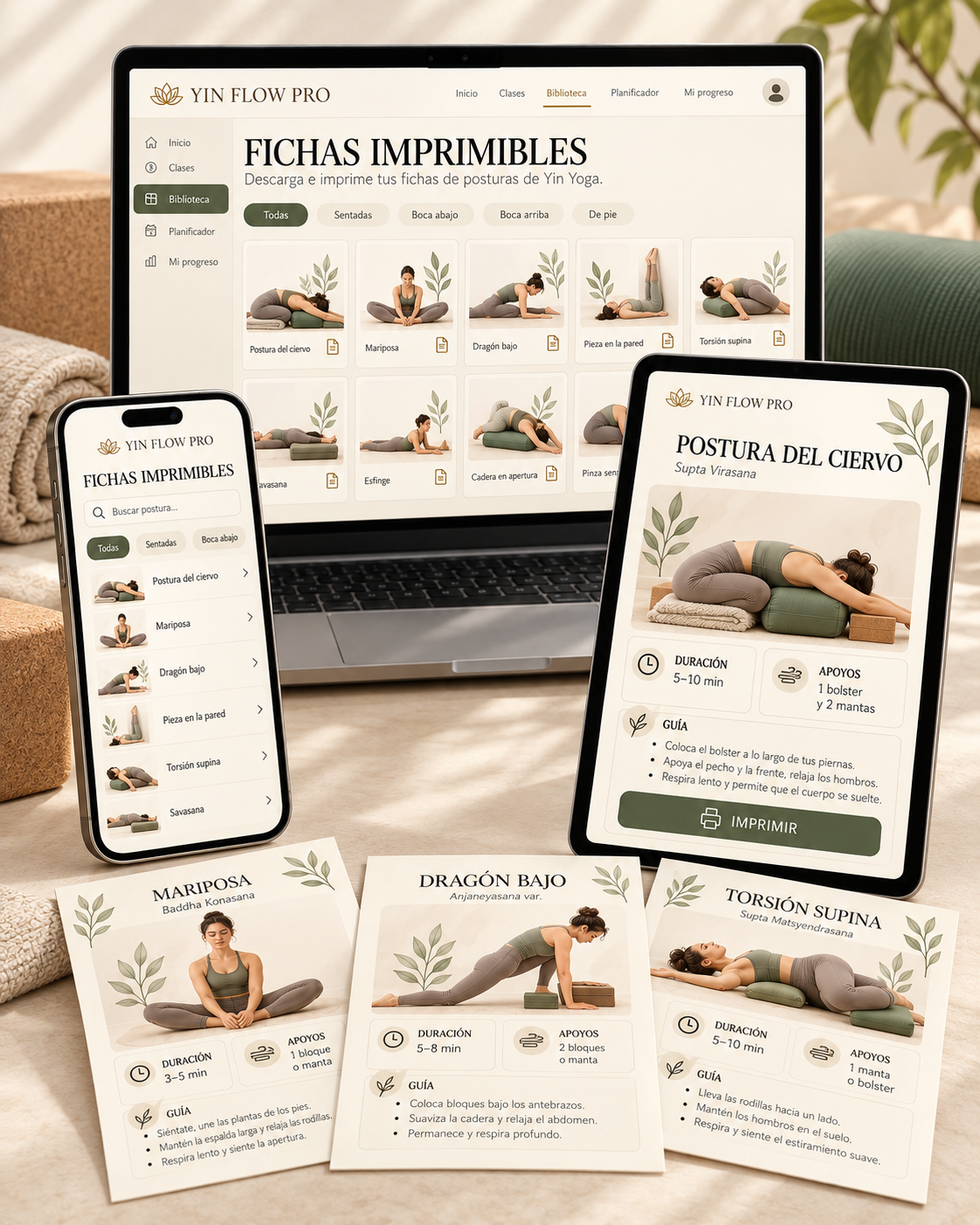 Mockup de YIN FLOW PRO con computadora, tablet, celular y fichas imprimibles de posturas.