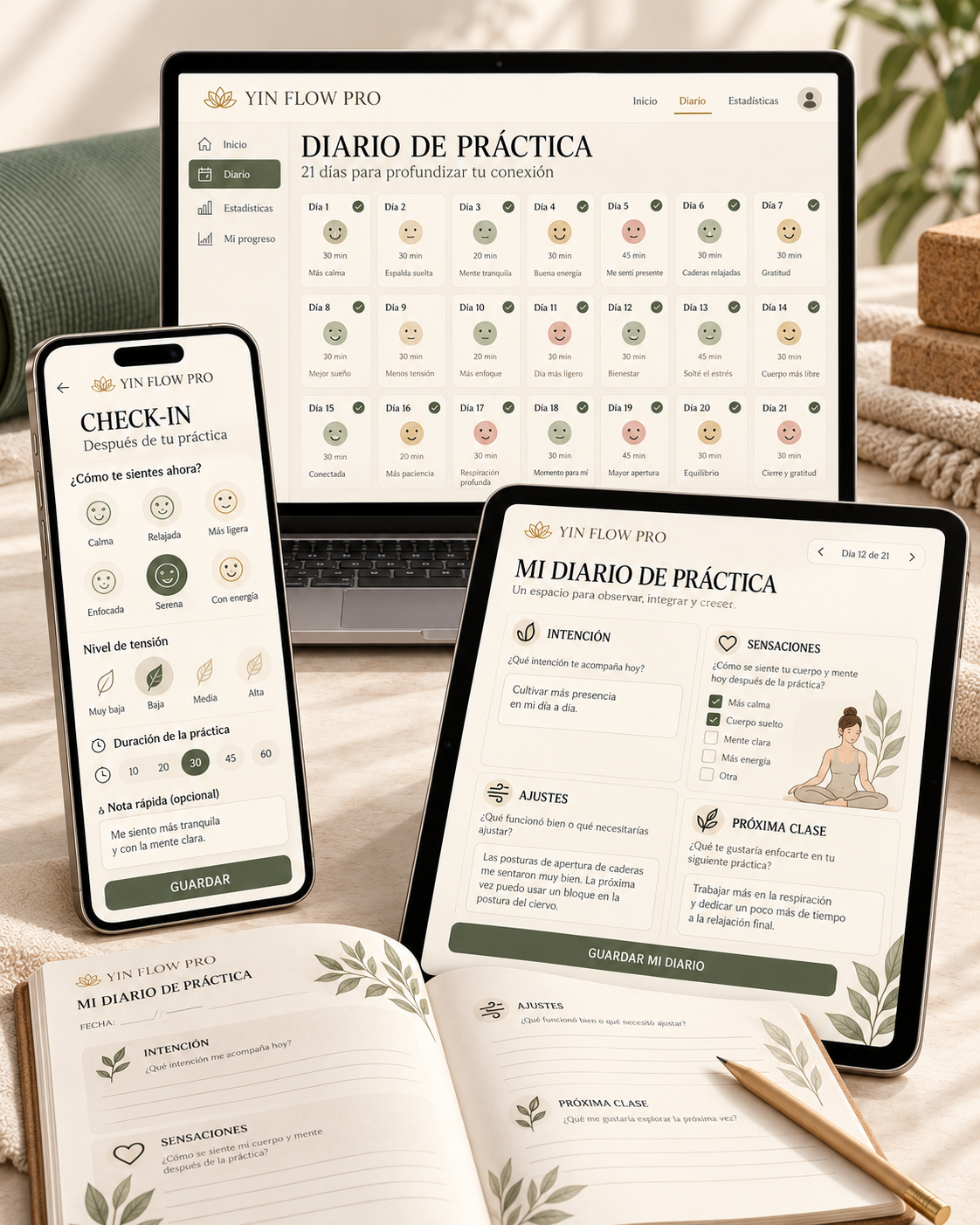 Mockup de YIN FLOW PRO con computadora, tablet, celular y páginas del Diario de práctica.