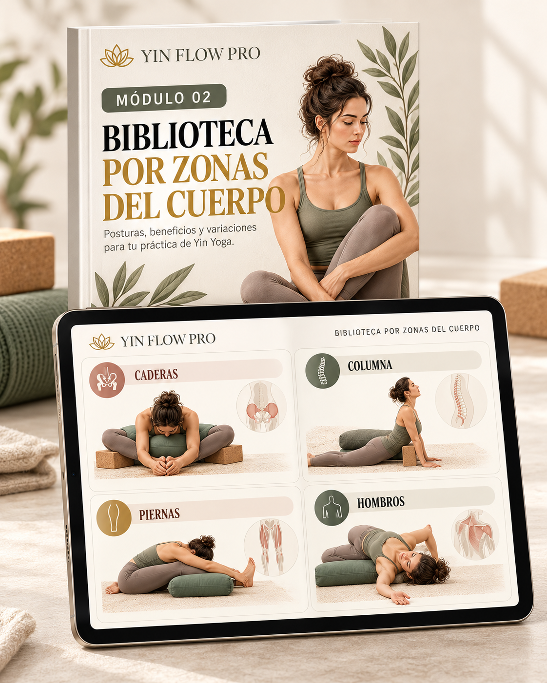 Mockup del módulo 2 de YIN FLOW PRO, Biblioteca por zonas del cuerpo, con cuaderno y atlas visual en tablet.