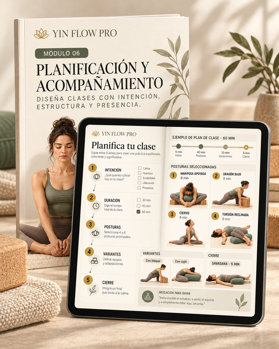 Mockup del módulo 6 de YIN FLOW PRO, Planificación y acompañamiento, con guía visual para organizar una clase.